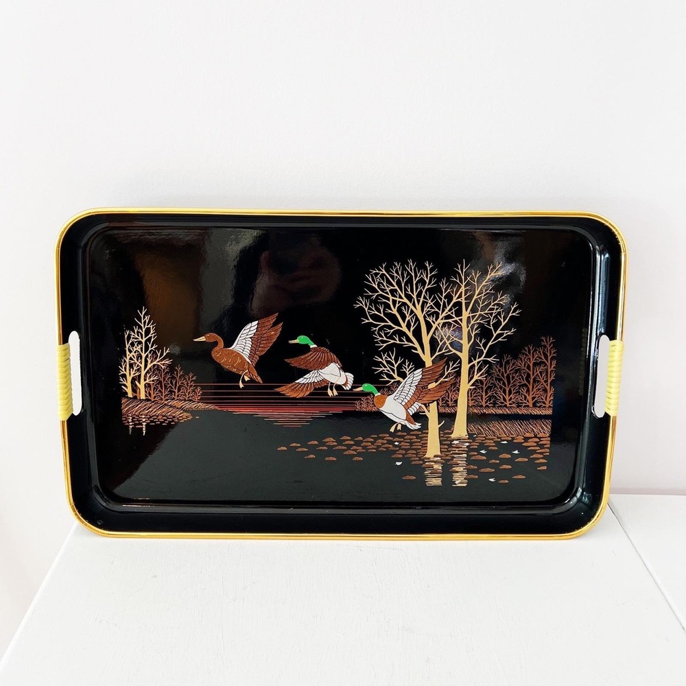 Japan Lacquerware Serving Tray Black‎ Gold Mallard Ducks Nature Scene Shaddy